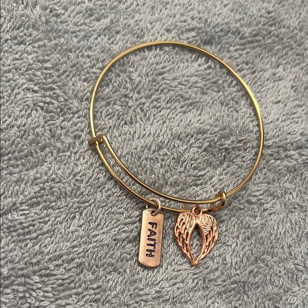 Gold Faith Bangle Bracelet with Angel Wing Charm - Picture 2 of 5